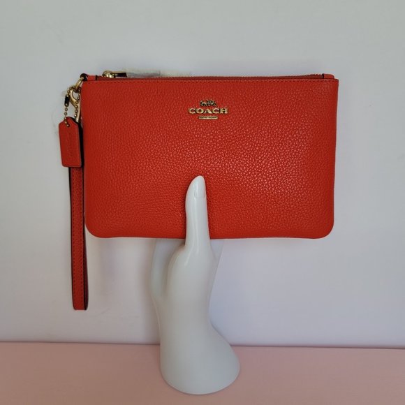 COACH Small Wristlet in Polished Pebbled Leather -Red Orange - Picture 16 of 16